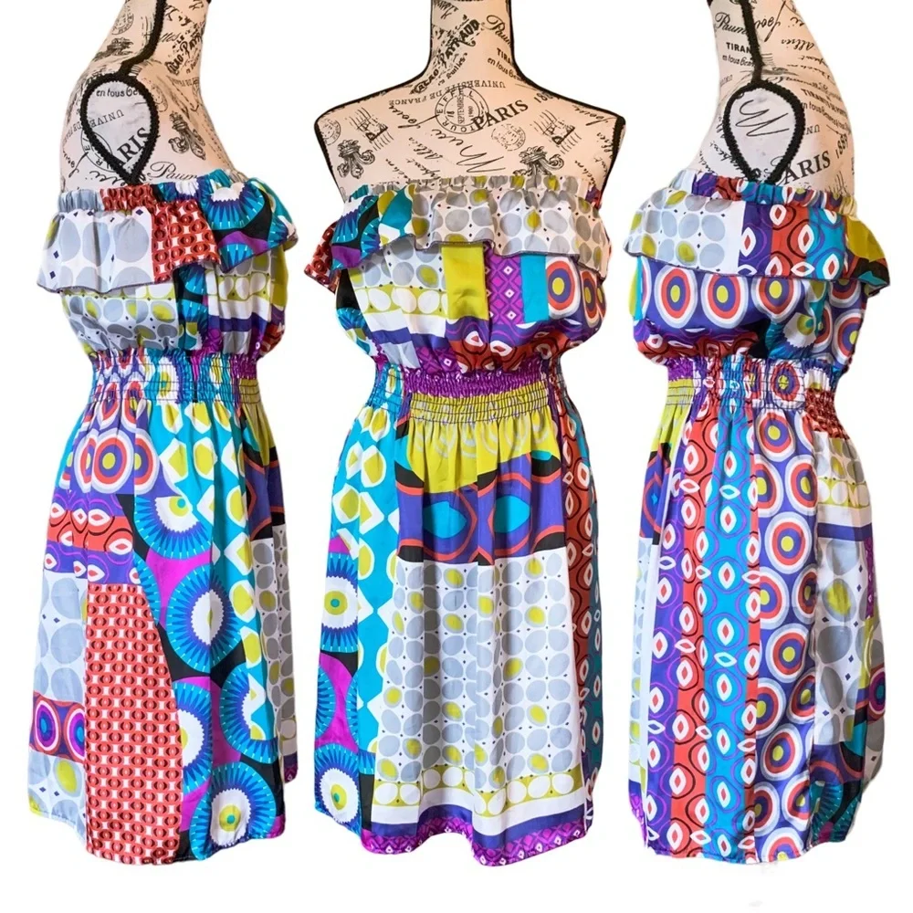 3 for 30 💥 Ventti VTG Satin Strapless Colorful Mini Dress Circus Print Purple - Picture 9 of 16